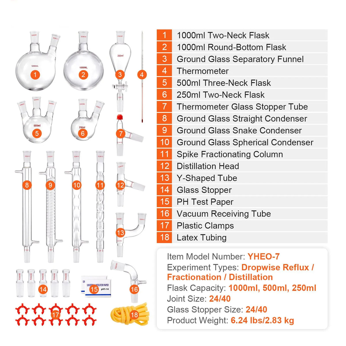 Lab Distillation Kit, 3.3 Boro Lab Glassware Distillation Kit with 24, 40 Joint, 1000ml Essential Oil Distillation Apparatus Kit, 32 pcs Set of Glassware Equipment - Image 7