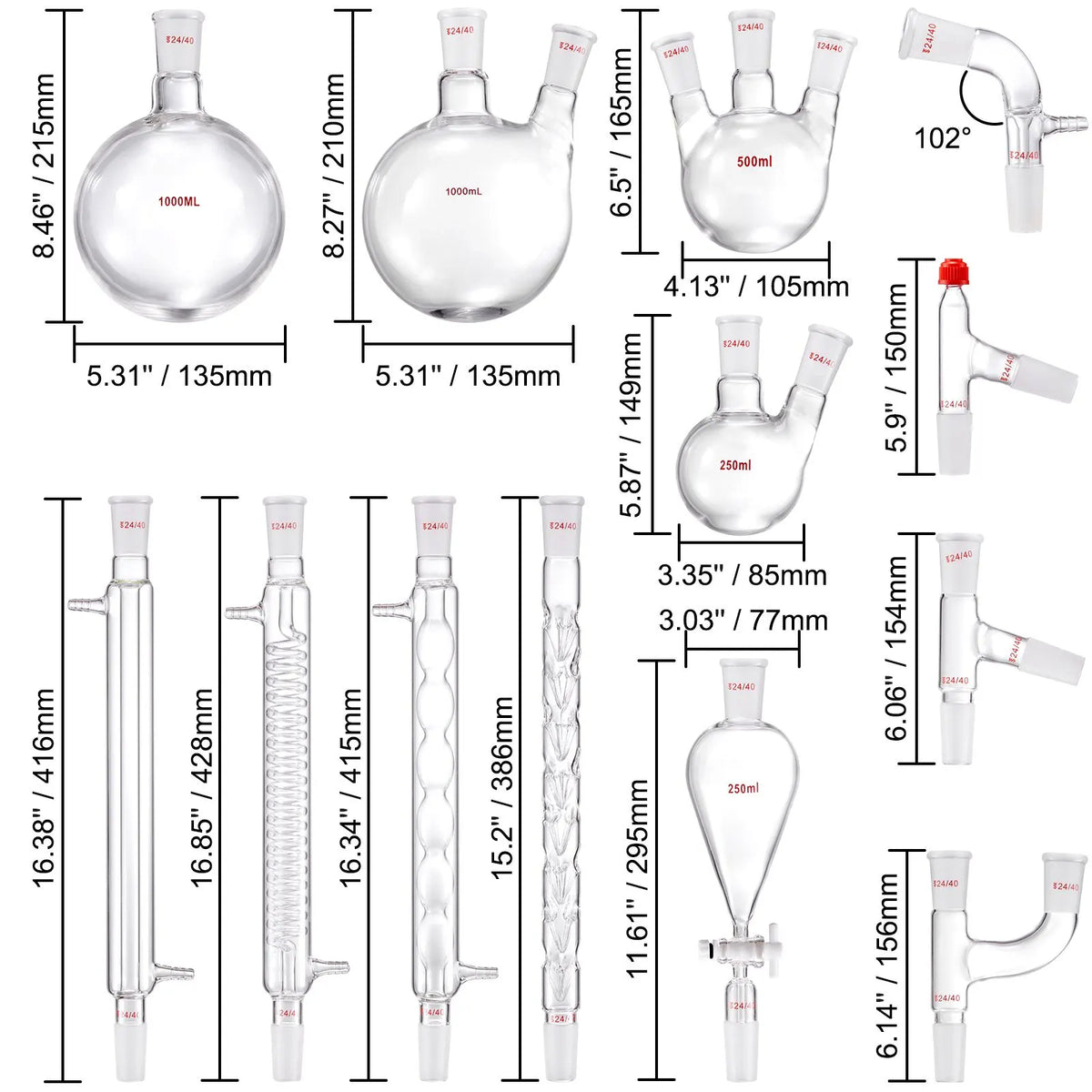 Lab Distillation Kit, 3.3 Boro Lab Glassware Distillation Kit with 24, 40 Joint, 1000ml Essential Oil Distillation Apparatus Kit, 32 pcs Set of Glassware Equipment - Image 8