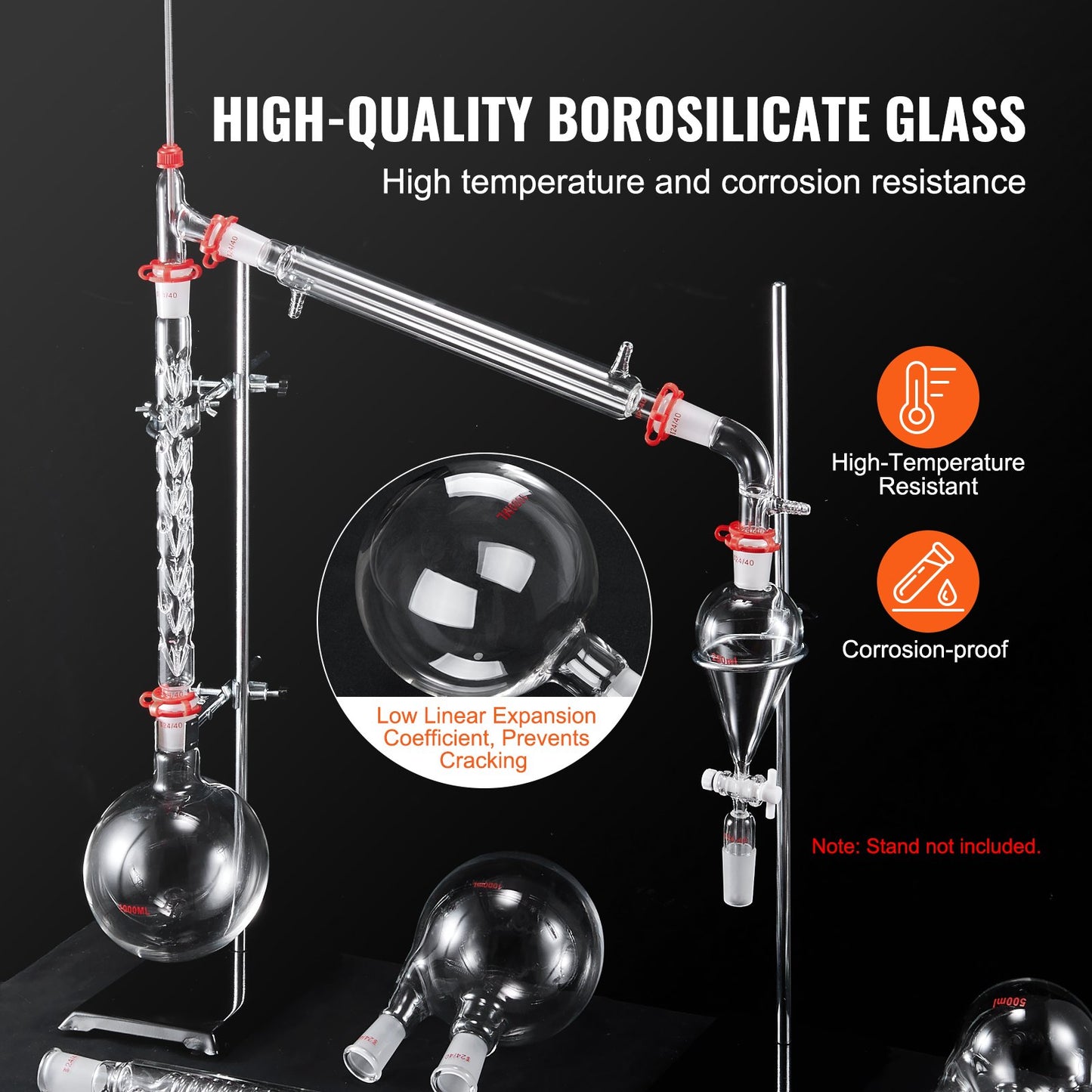 Lab Distillation Kit, 3.3 Boro Lab Glassware Distillation Kit with 24, 40 Joint, 1000ml Essential Oil Distillation Apparatus Kit, 32 pcs Set of Glassware Equipment - Image 3