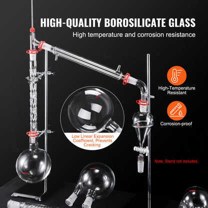Lab Distillation Kit, 3.3 Boro Lab Glassware Distillation Kit with 24, 40 Joint, 1000ml Essential Oil Distillation Apparatus Kit, 32 pcs Set of Glassware Equipment - Image 3
