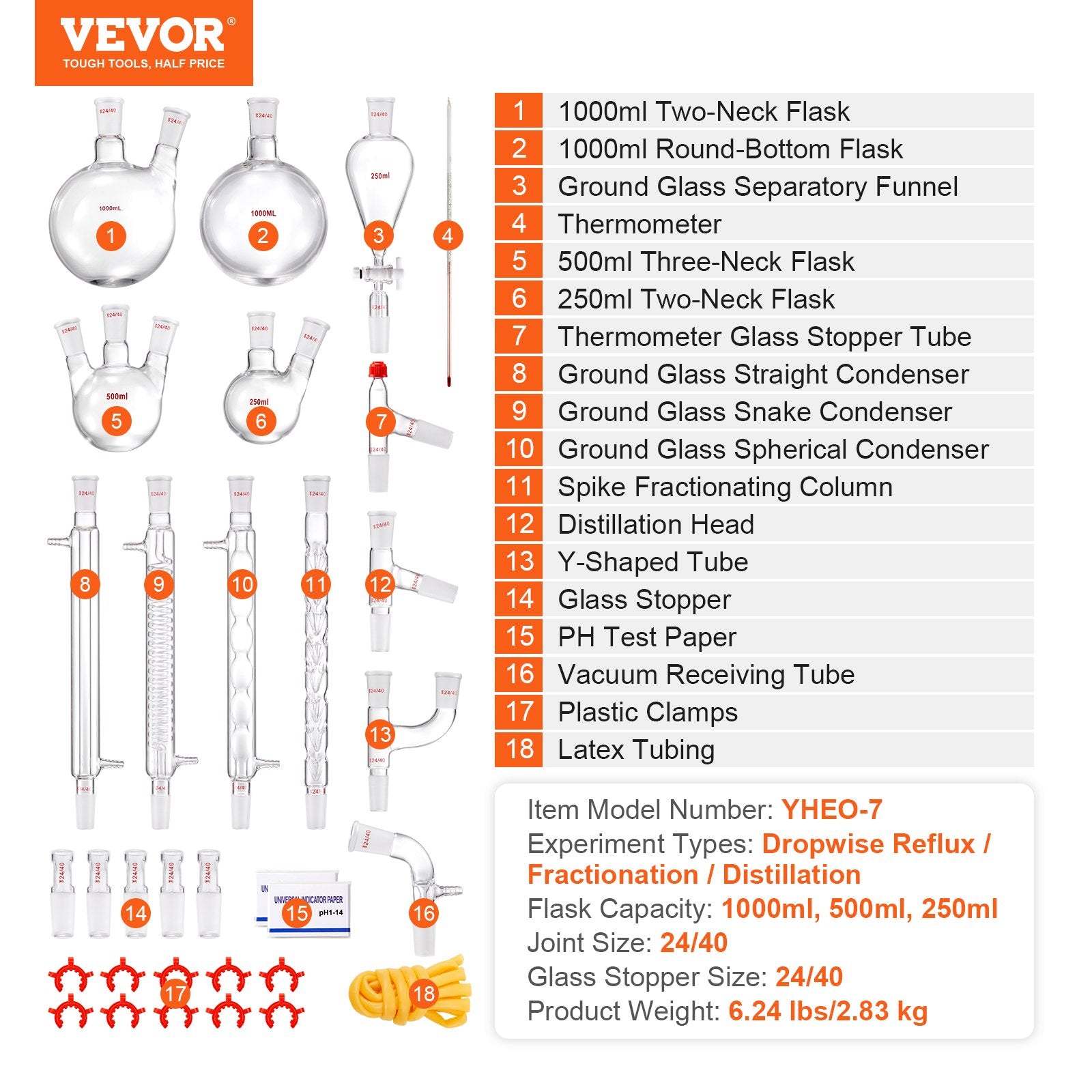 Lab Distillation Kit, 3.3 Boro Lab Glassware Distillation Kit with 24, 40 Joint, 1000ml Essential Oil Distillation Apparatus Kit, 32 pcs Set of Glassware Equipment - Image 7