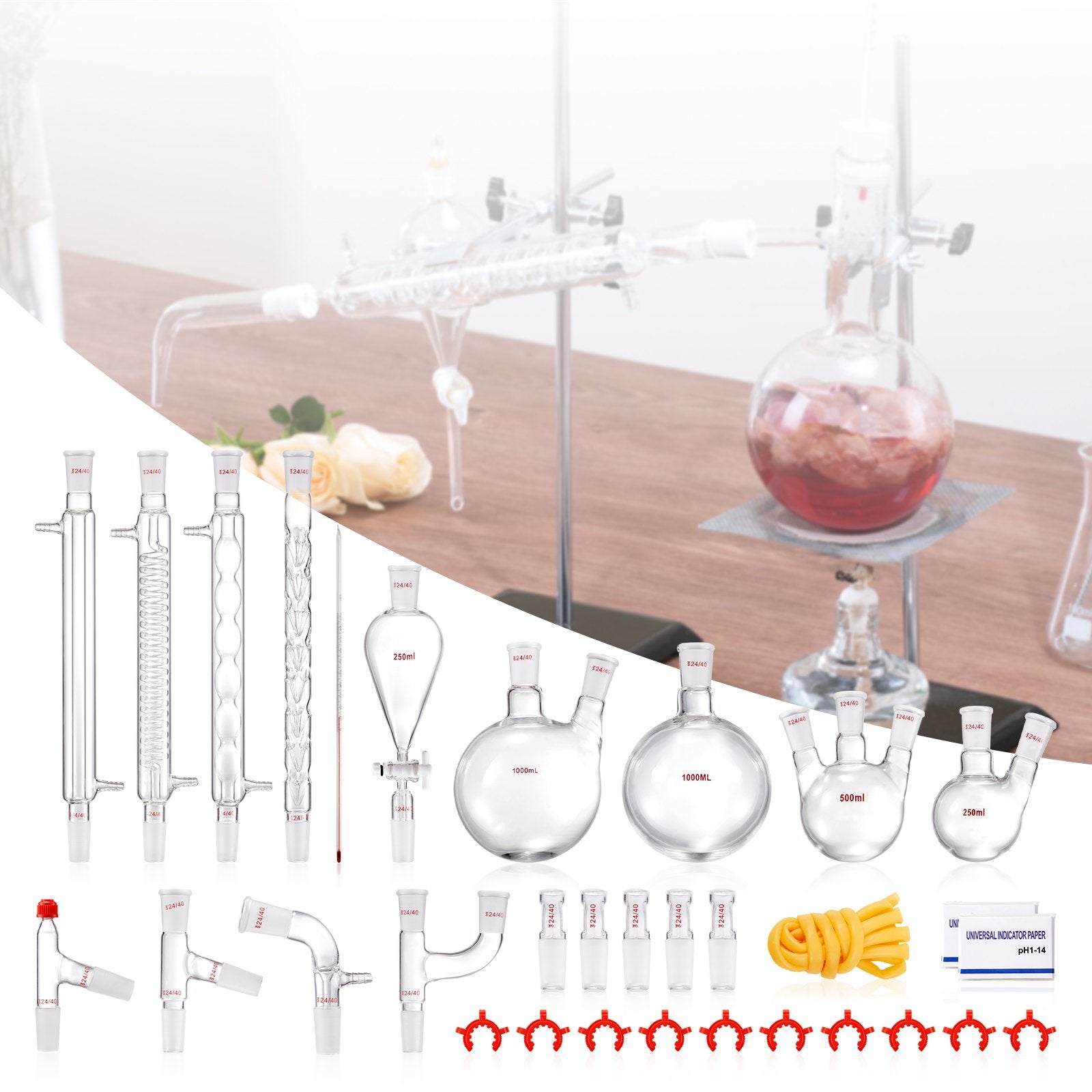 Lab Distillation Kit, 3.3 Boro Lab Glassware Distillation Kit with 24, 40 Joint, 1000ml Essential Oil Distillation Apparatus Kit, 32 pcs Set of Glassware Equipment - Image 8