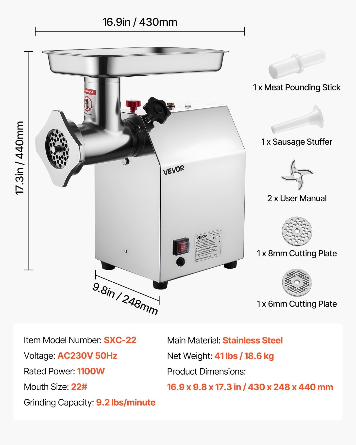 Commercial Electric Meat Grinder 9.2 Lbs/Min Sausage Stuffer Maker Kitchen - Image 7