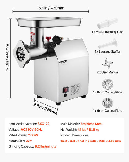 Commercial Electric Meat Grinder 9.2 Lbs/Min Sausage Stuffer Maker Kitchen - Image 7