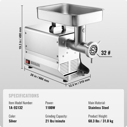Commercial Electric Meat Grinder 21 Lbs/Min Sausage Stuffer Maker Kitchen - Image 7