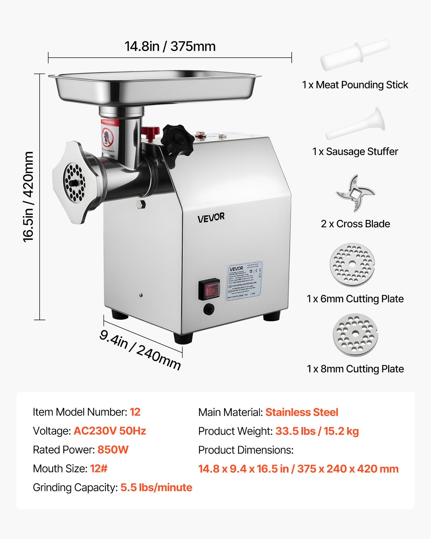 Commercial Electric Meat Grinder 5.5 Lbs/Min Sausage Stuffer Maker Kitchen - Image 7
