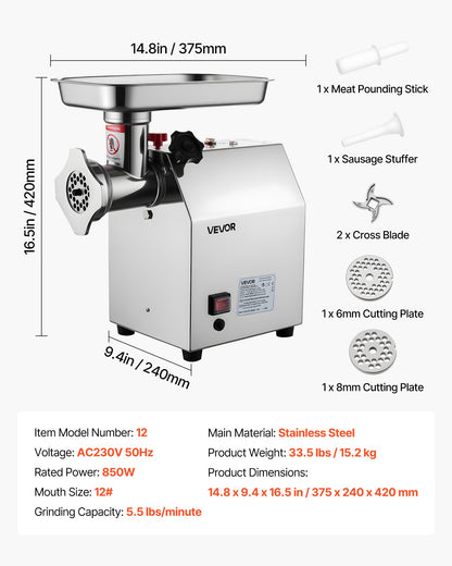 Commercial Electric Meat Grinder 5.5 Lbs/Min Sausage Stuffer Maker Kitchen - Image 7
