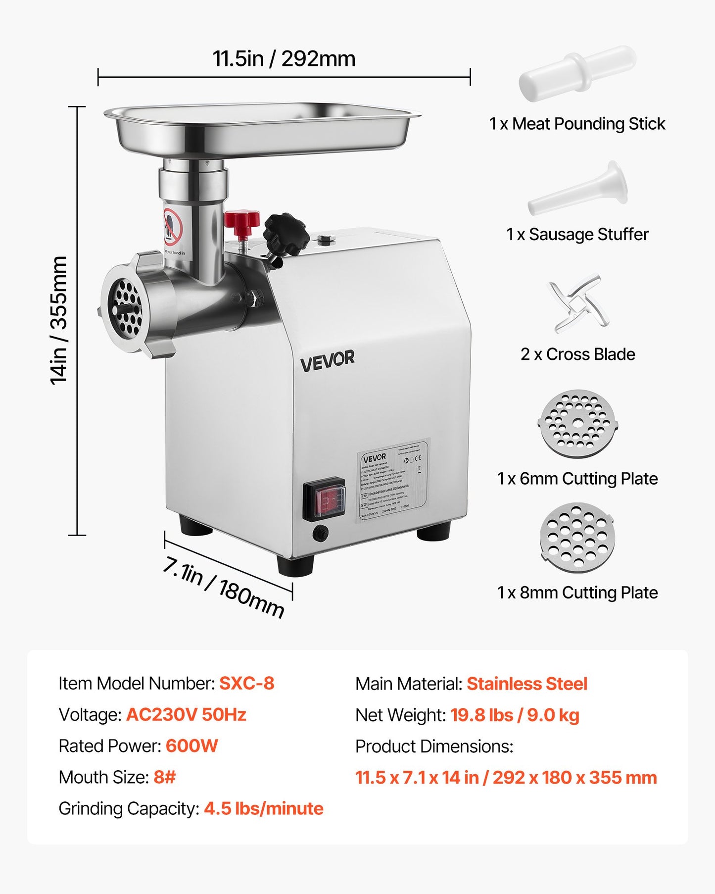 Commercial Electric Meat Grinder 4.5 Lbs/Min Sausage Stuffer Maker Kitchen - Image 7