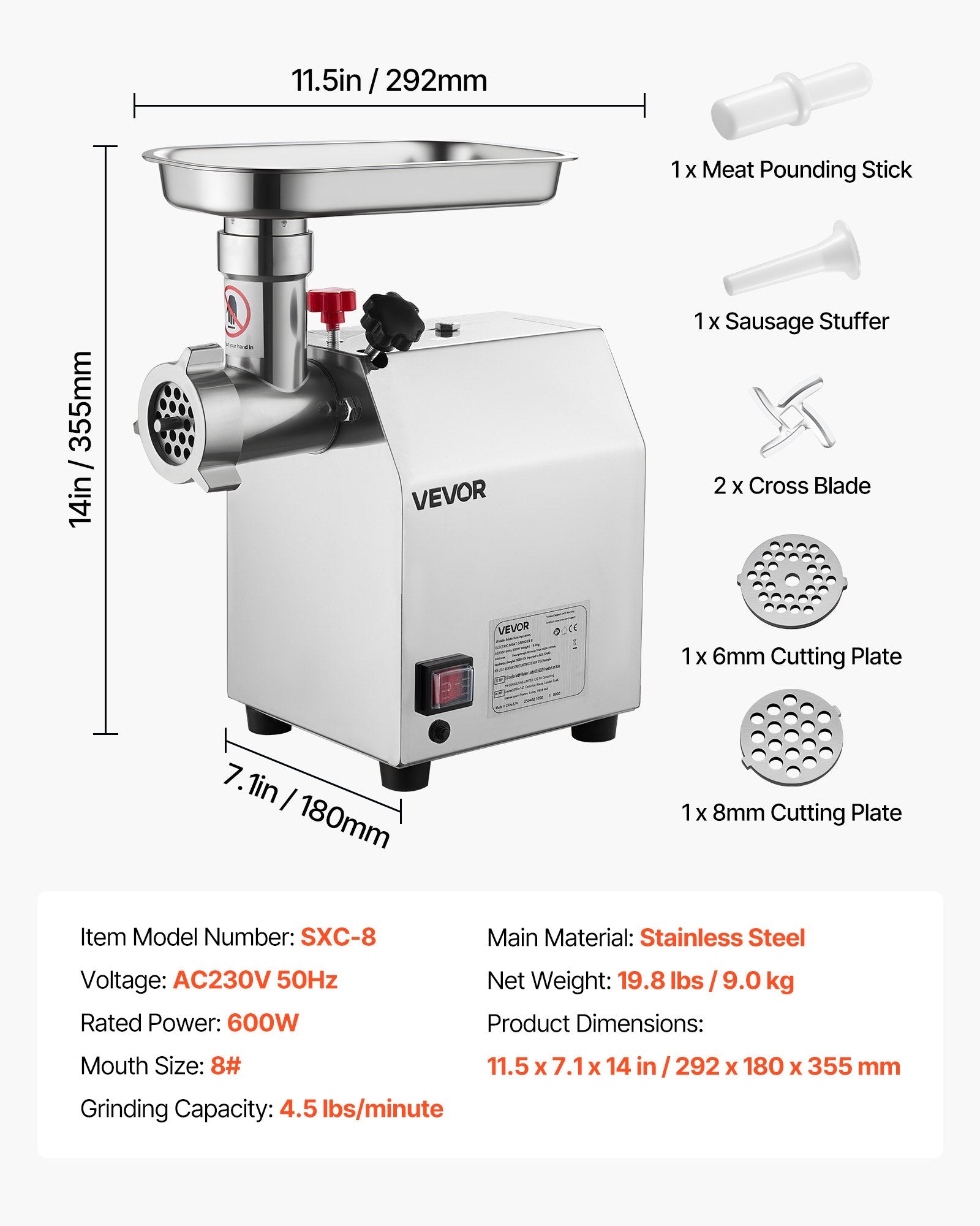 Commercial Electric Meat Grinder 4.5 Lbs/Min Sausage Stuffer Maker Kitchen - Image 7