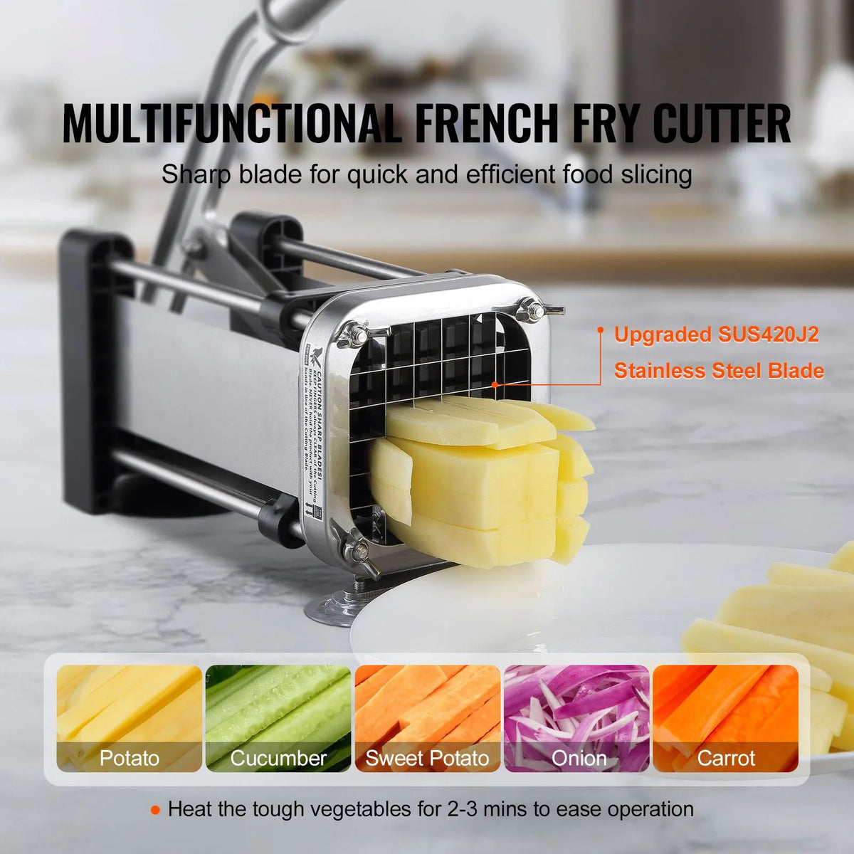 French Fry Cutter, Potato Slicer with 1/2-Inch and 3/8-Inch Stainless Steel Blades, Manual Potato Cutter Chopper with Suction Cups, Great for Potato, French Fries, Cucumber, Vegetables, Carrot - Image 2