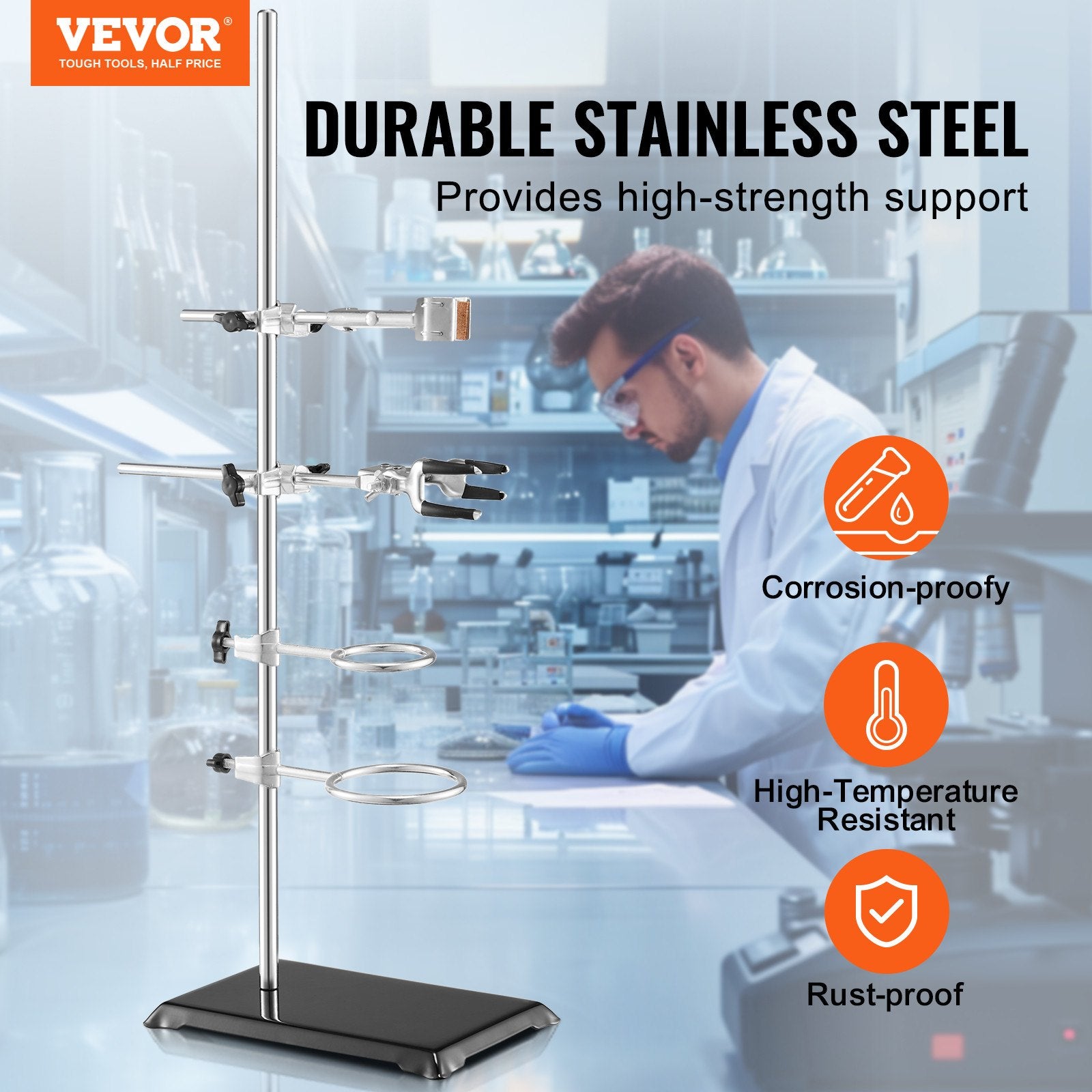 Lab Stand Support, Laboratory Retort Support Stand 2 Sets, Steel Lab Stand 23.6" Rod and 8.3" x 5.3" Cast Iron Base, Includes Flask Clamps, Burette Clamps and Cross Clamps - Image 2