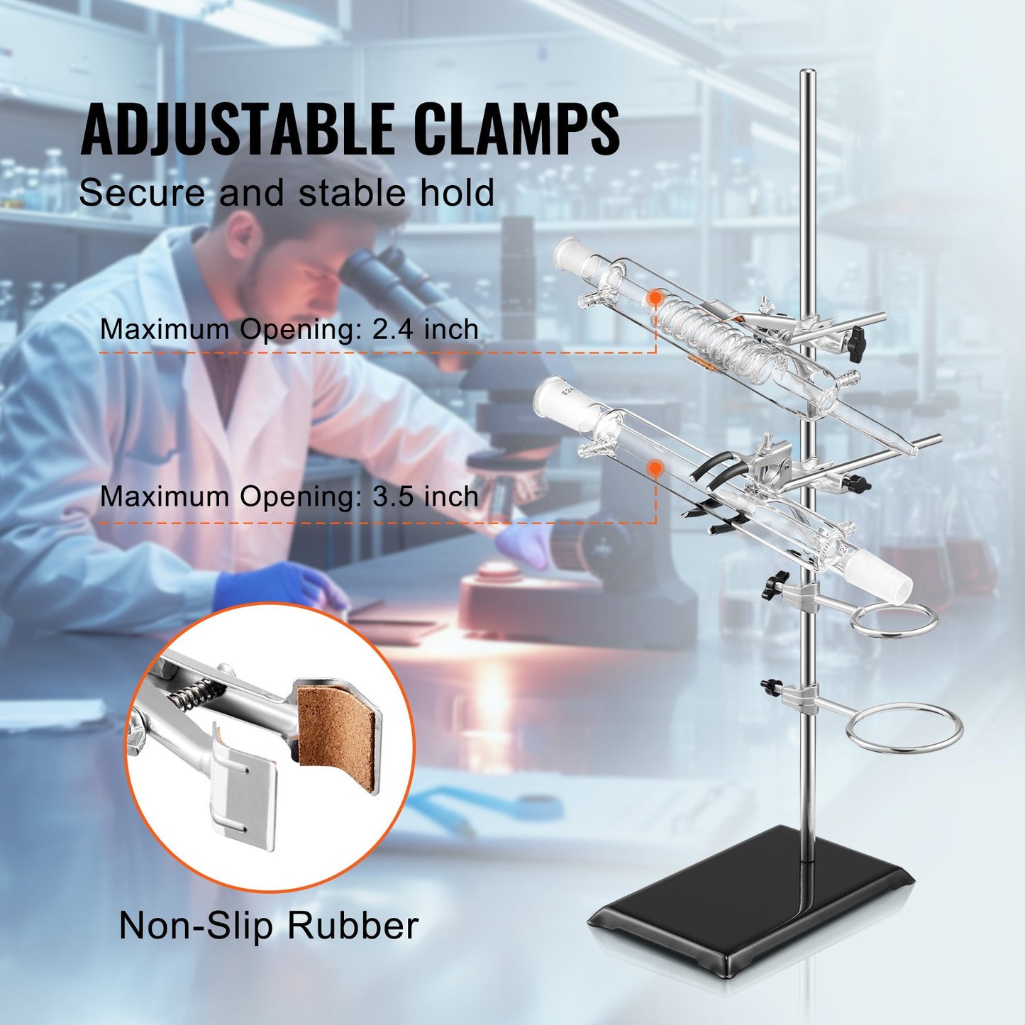 Lab Stand Support, Laboratory Retort Support Stand 2 Sets, Steel Lab Stand 23.6" Rod and 8.3" x 5.3" Cast Iron Base, Includes Flask Clamps, Burette Clamps and Cross Clamps - Image 4