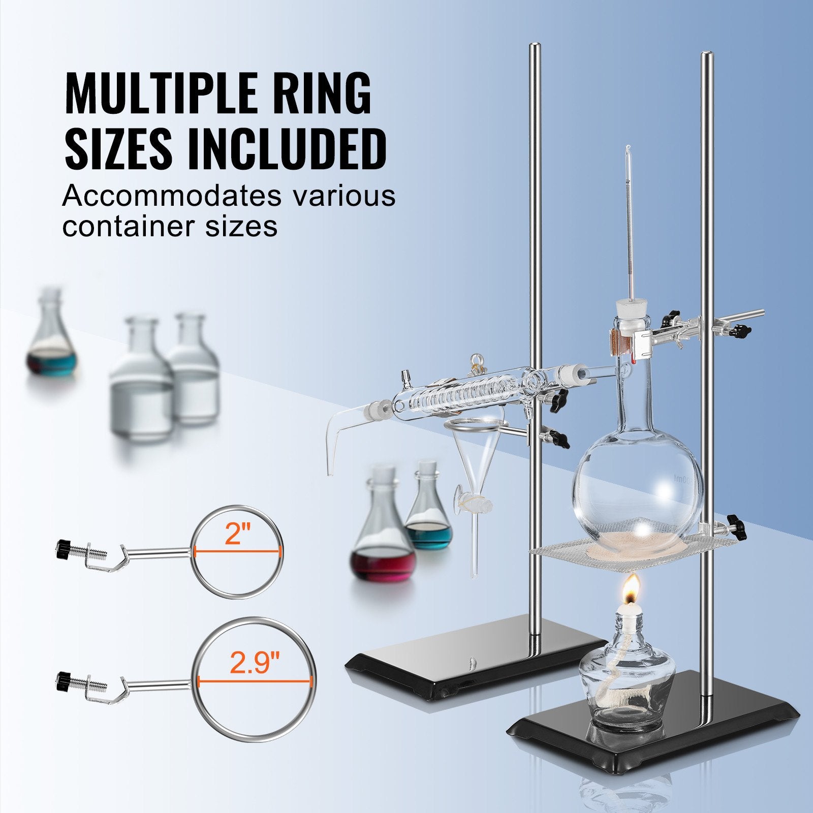 Lab Stand Support, Laboratory Retort Support Stand 2 Sets, Steel Lab Stand 23.6" Rod and 8.3" x 5.3" Cast Iron Base, Includes Flask Clamps, Burette Clamps and Cross Clamps - Image 5