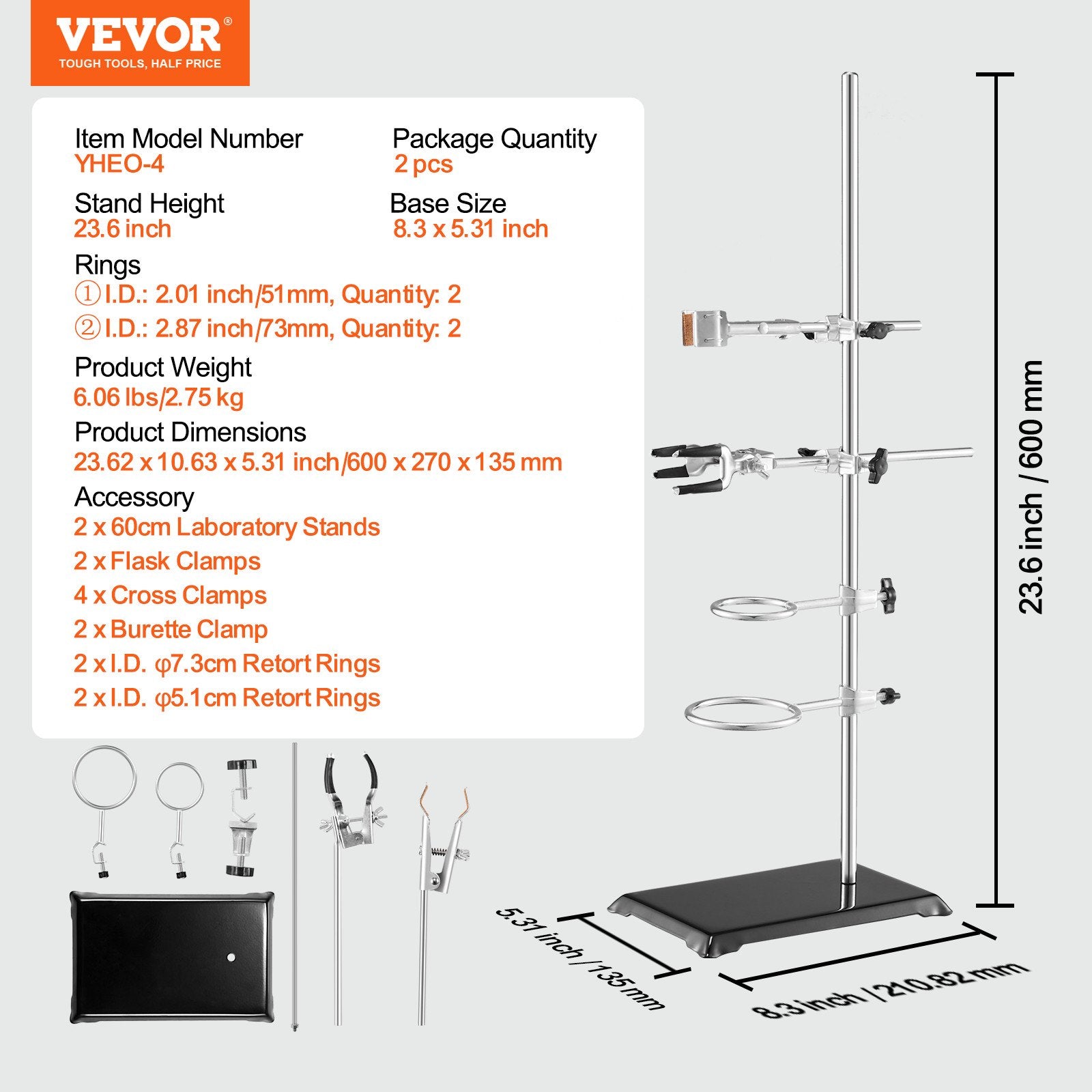 Lab Stand Support, Laboratory Retort Support Stand 2 Sets, Steel Lab Stand 23.6" Rod and 8.3" x 5.3" Cast Iron Base, Includes Flask Clamps, Burette Clamps and Cross Clamps - Image 7