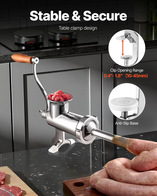 Heavy Duty Meat Grinder Manual Sausage Filler Stainless Steel with Clamp - Image 2
