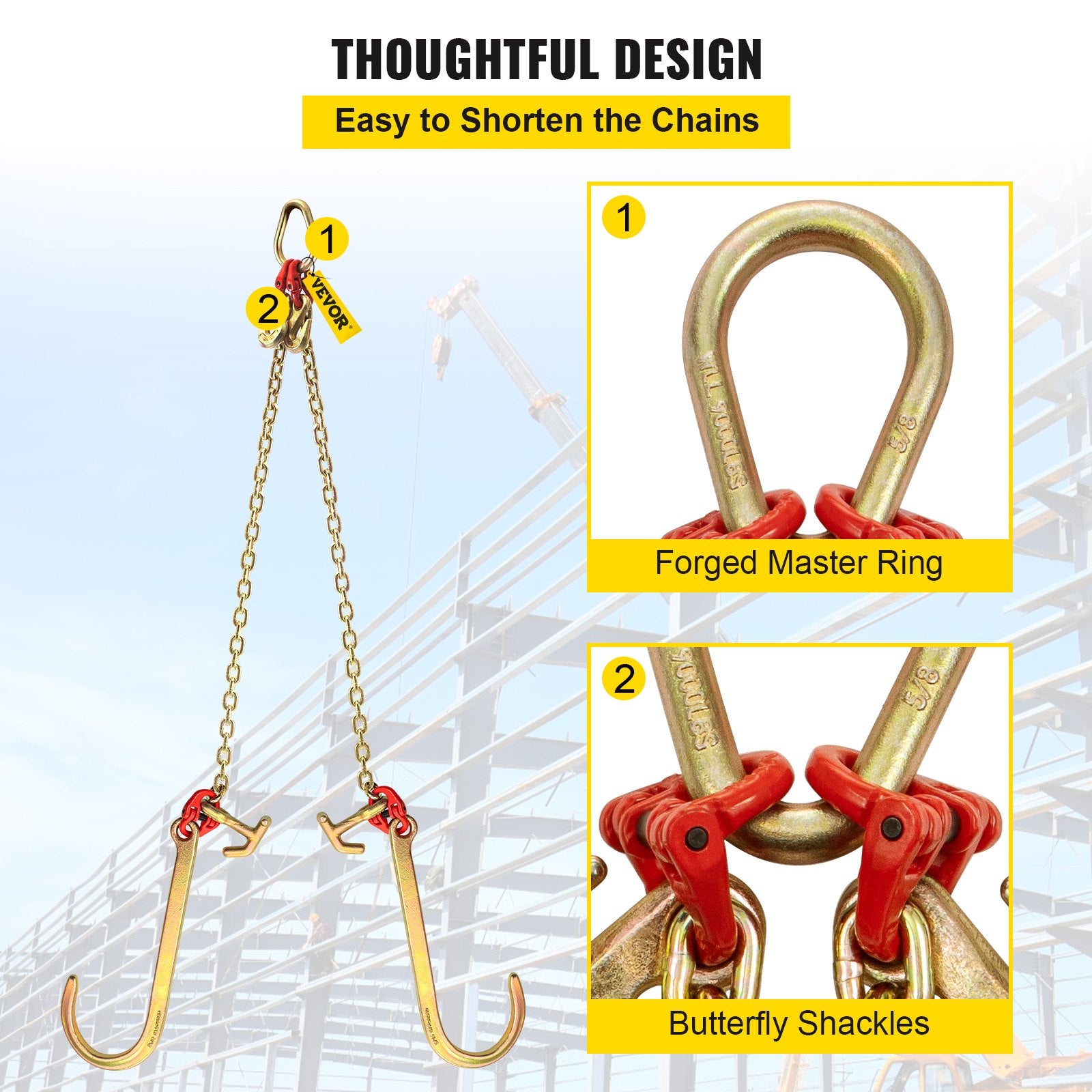 V Bridle Chain, 5/16 in x 2 ft Tow Chain Bridle, Grade 80 V-Bridle Transport Chain, 9260 Lbs Break Strength with TJ Hooks & Grab Hooks, Heavy Duty Pear Link Connector and Chain Shorteners - Image 3