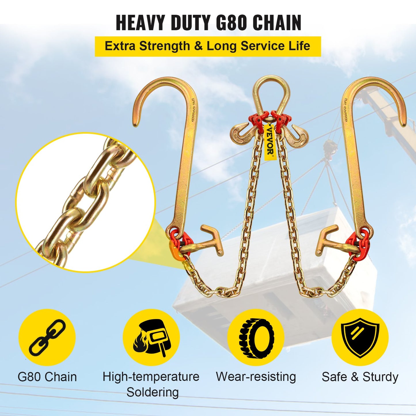 V Bridle Chain, 5/16 in x 2 ft Tow Chain Bridle, Grade 80 V-Bridle Transport Chain, 9260 Lbs Break Strength with TJ Hooks & Grab Hooks, Heavy Duty Pear Link Connector and Chain Shorteners - Image 5
