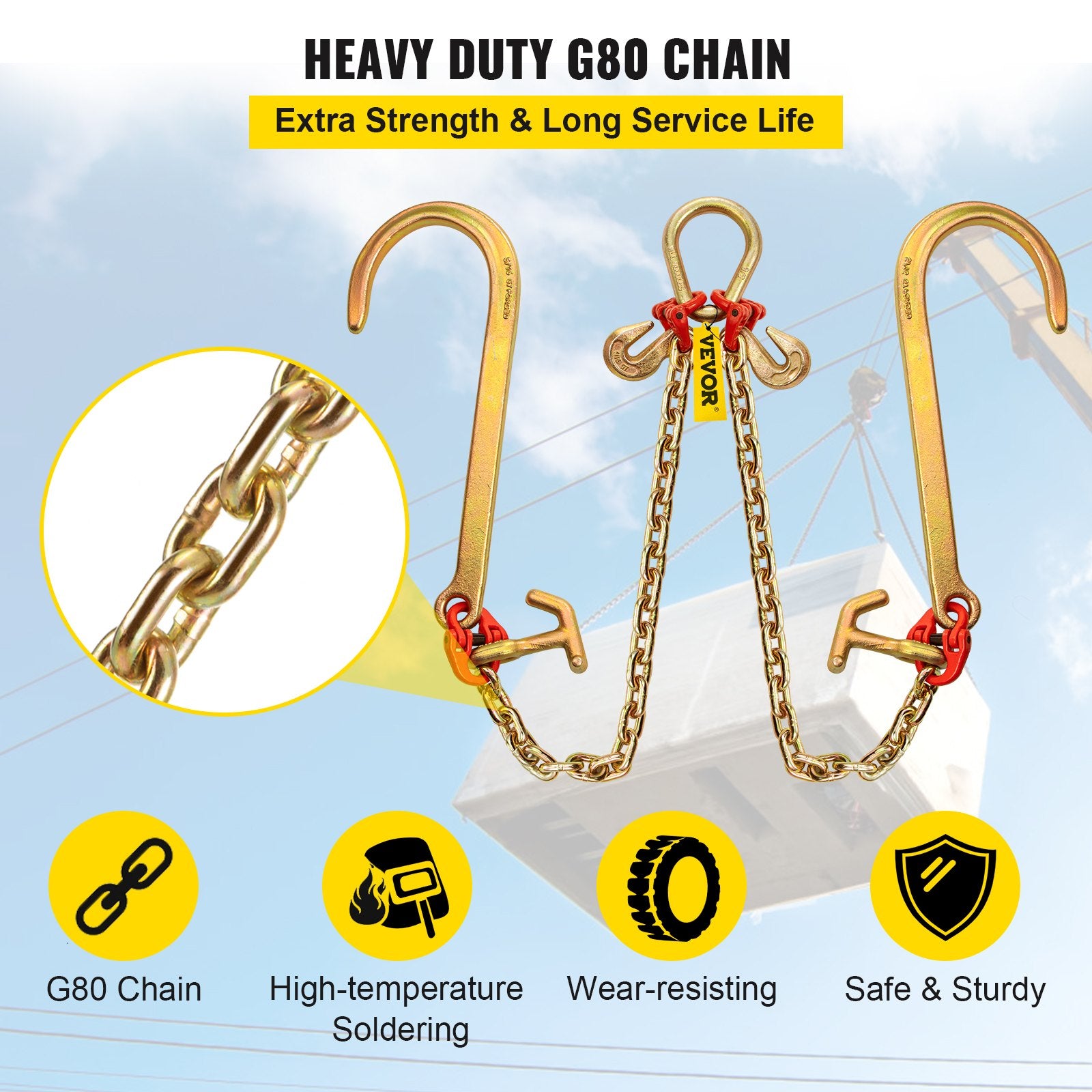 V Bridle Chain, 5/16 in x 2 ft Tow Chain Bridle, Grade 80 V-Bridle Transport Chain, 9260 Lbs Break Strength with TJ Hooks & Grab Hooks, Heavy Duty Pear Link Connector and Chain Shorteners - Image 5