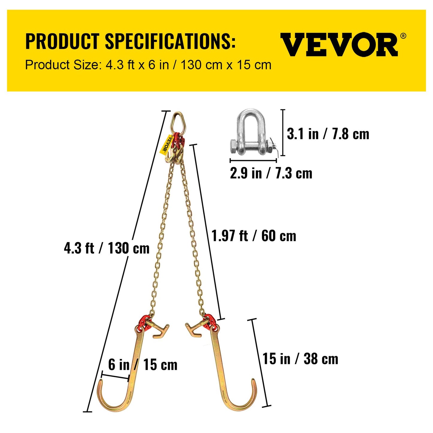 V Bridle Chain, 5/16 in x 2 ft Tow Chain Bridle, Grade 80 V-Bridle Transport Chain, 9260 Lbs Break Strength with TJ Hooks & Grab Hooks, Heavy Duty Pear Link Connector and Chain Shorteners - Image 7