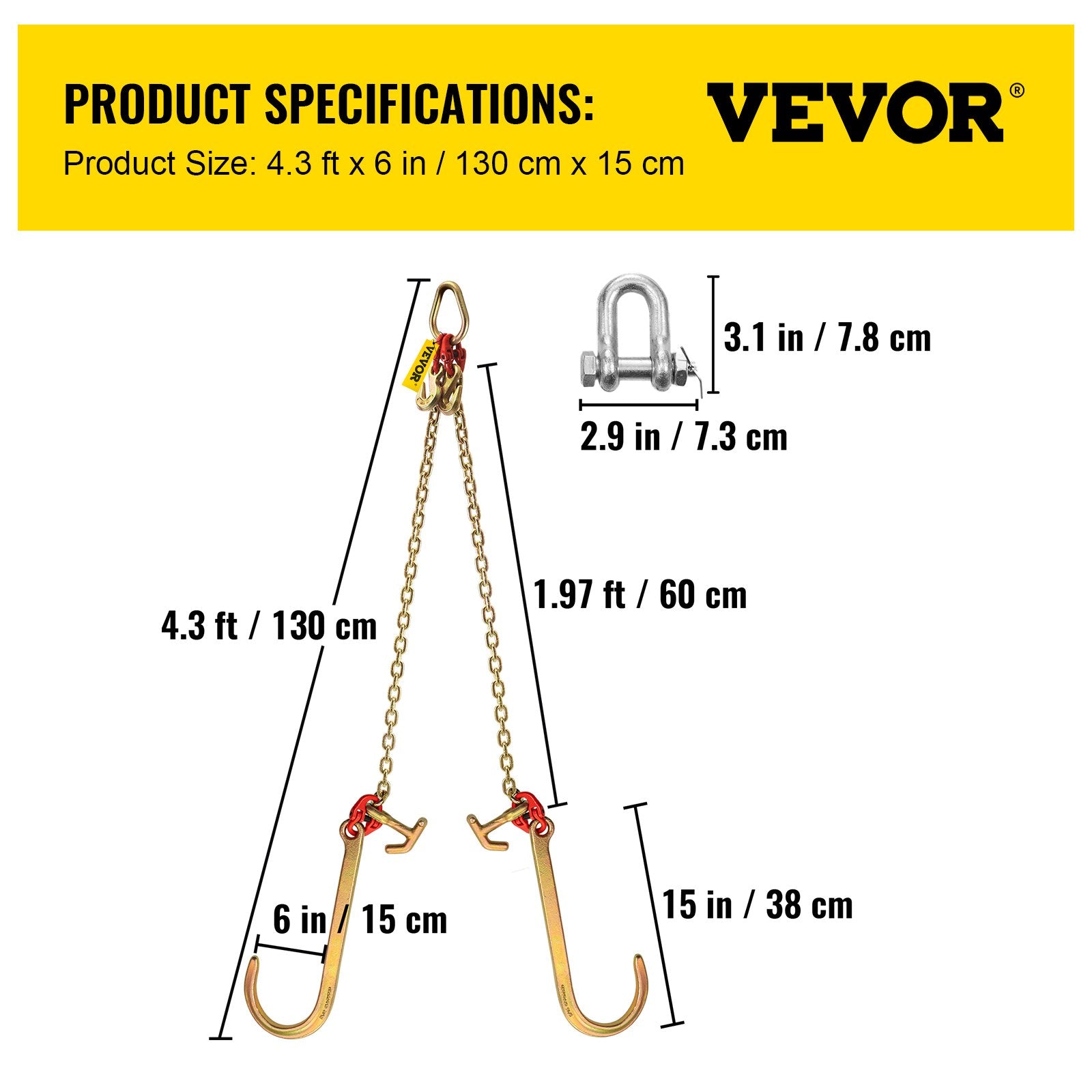 V Bridle Chain, 5/16 in x 2 ft Tow Chain Bridle, Grade 80 V-Bridle Transport Chain, 9260 Lbs Break Strength with TJ Hooks & Grab Hooks, Heavy Duty Pear Link Connector and Chain Shorteners - Image 7