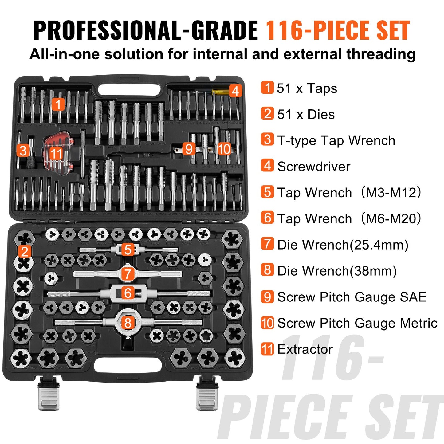 Tap and Die Set, 116-Piece Include Metric and SAE Size, Bearing Steel Taps and Dies, Essential Threading Tool for Cutting External Internal Threads, with Complete Accessories and Storage Case - Image 4
