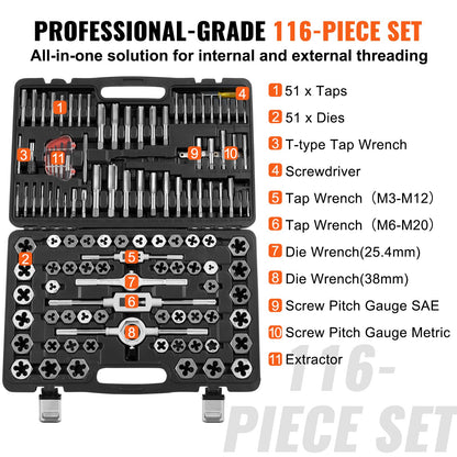 Tap and Die Set, 116-Piece Include Metric and SAE Size, Bearing Steel Taps and Dies, Essential Threading Tool for Cutting External Internal Threads, with Complete Accessories and Storage Case - Image 4