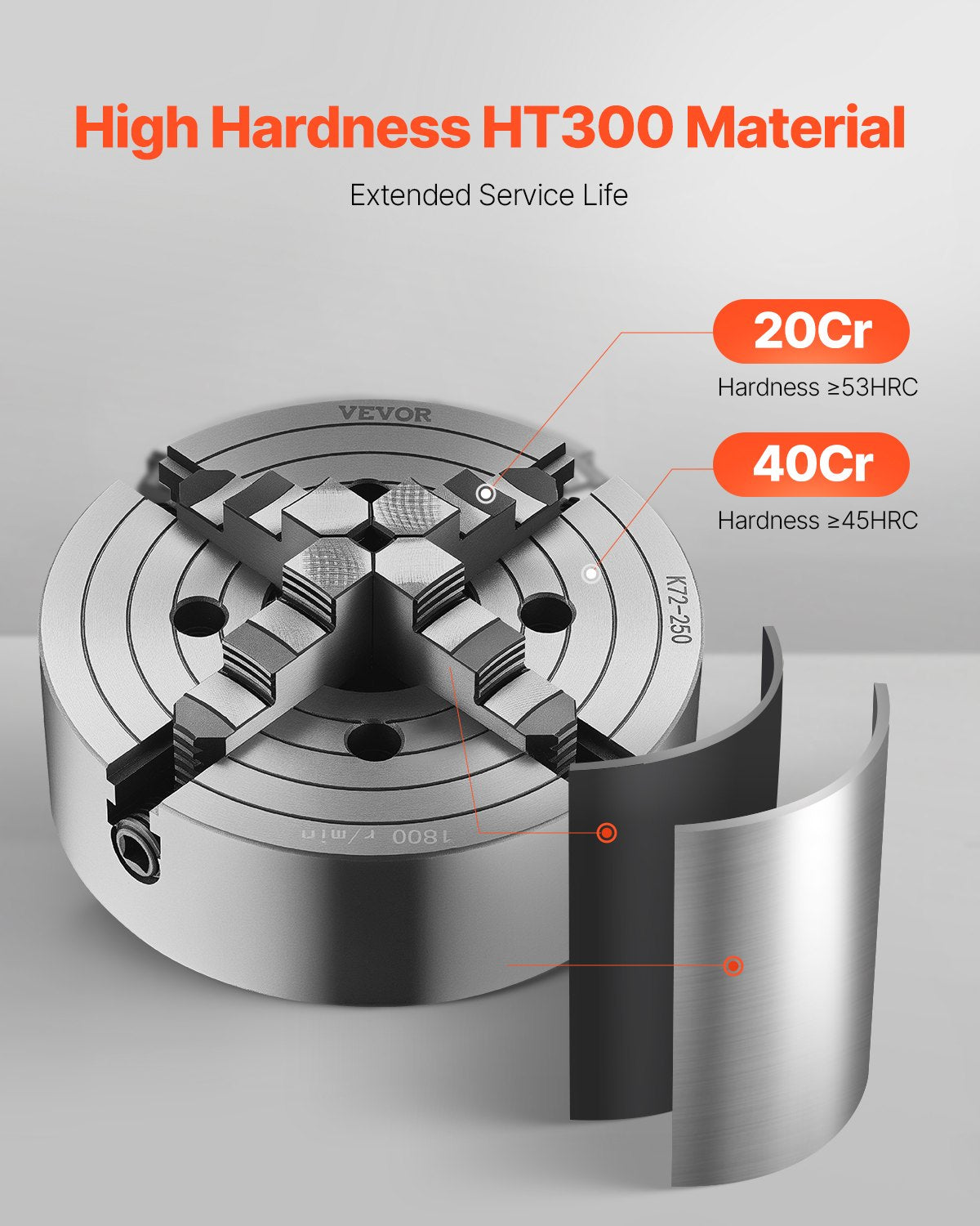 4-Jaw Lathe Chuck, 10 in (250 mm), Lathe Chuck, 0.6-9.84 in (15-250 mm) Clamping Range with T-key Fixing Screws Reversible Jaws, HT300 Cast Iron Material, Internal External for Wood Metal Lathe - Image 2