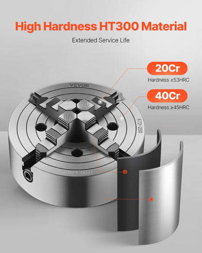 4-Jaw Lathe Chuck, 10 in (250 mm), Lathe Chuck, 0.6-9.84 in (15-250 mm) Clamping Range with T-key Fixing Screws Reversible Jaws, HT300 Cast Iron Material, Internal External for Wood Metal Lathe - Image 2