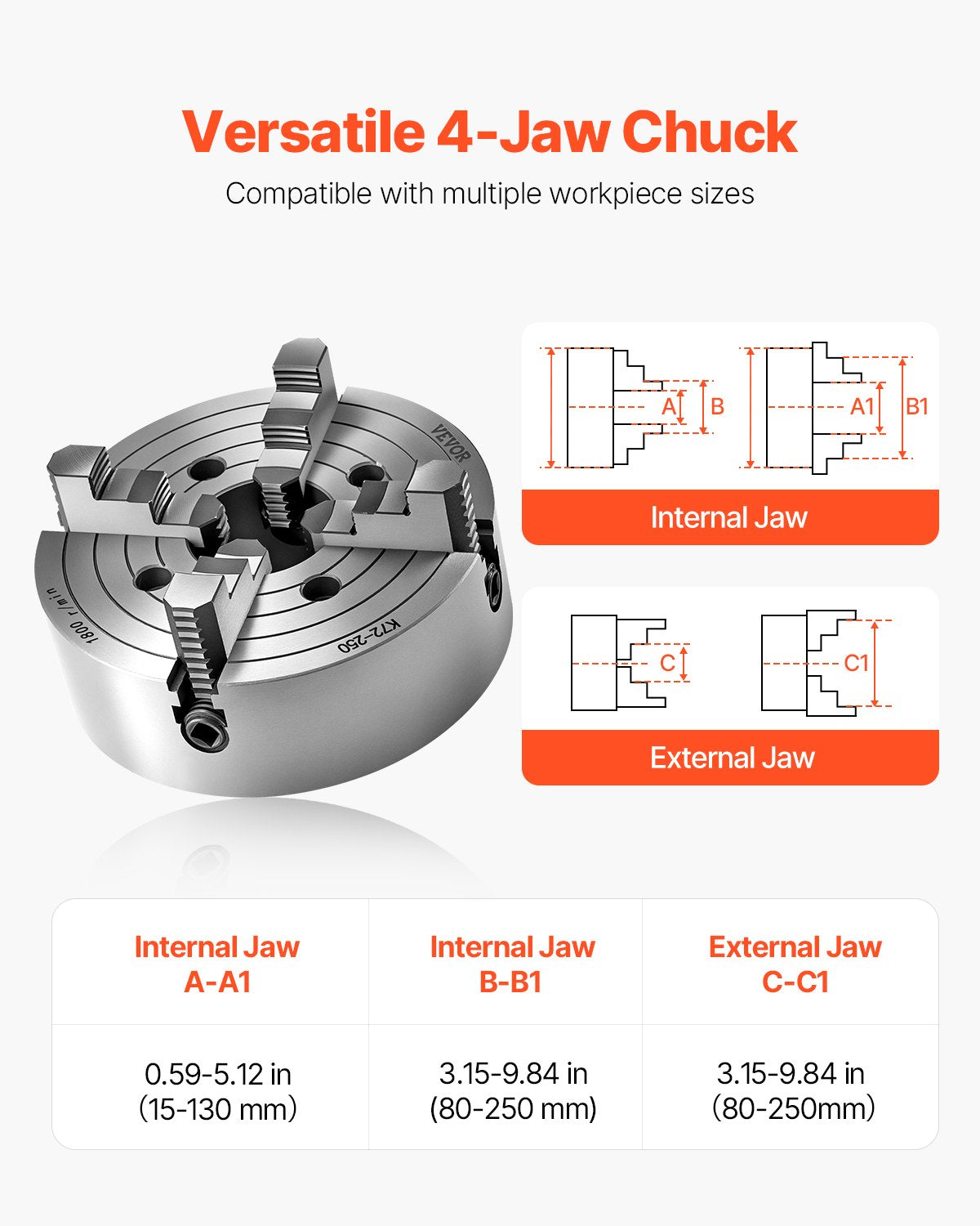 4-Jaw Lathe Chuck, 10 in (250 mm), Lathe Chuck, 0.6-9.84 in (15-250 mm) Clamping Range with T-key Fixing Screws Reversible Jaws, HT300 Cast Iron Material, Internal External for Wood Metal Lathe - Image 4