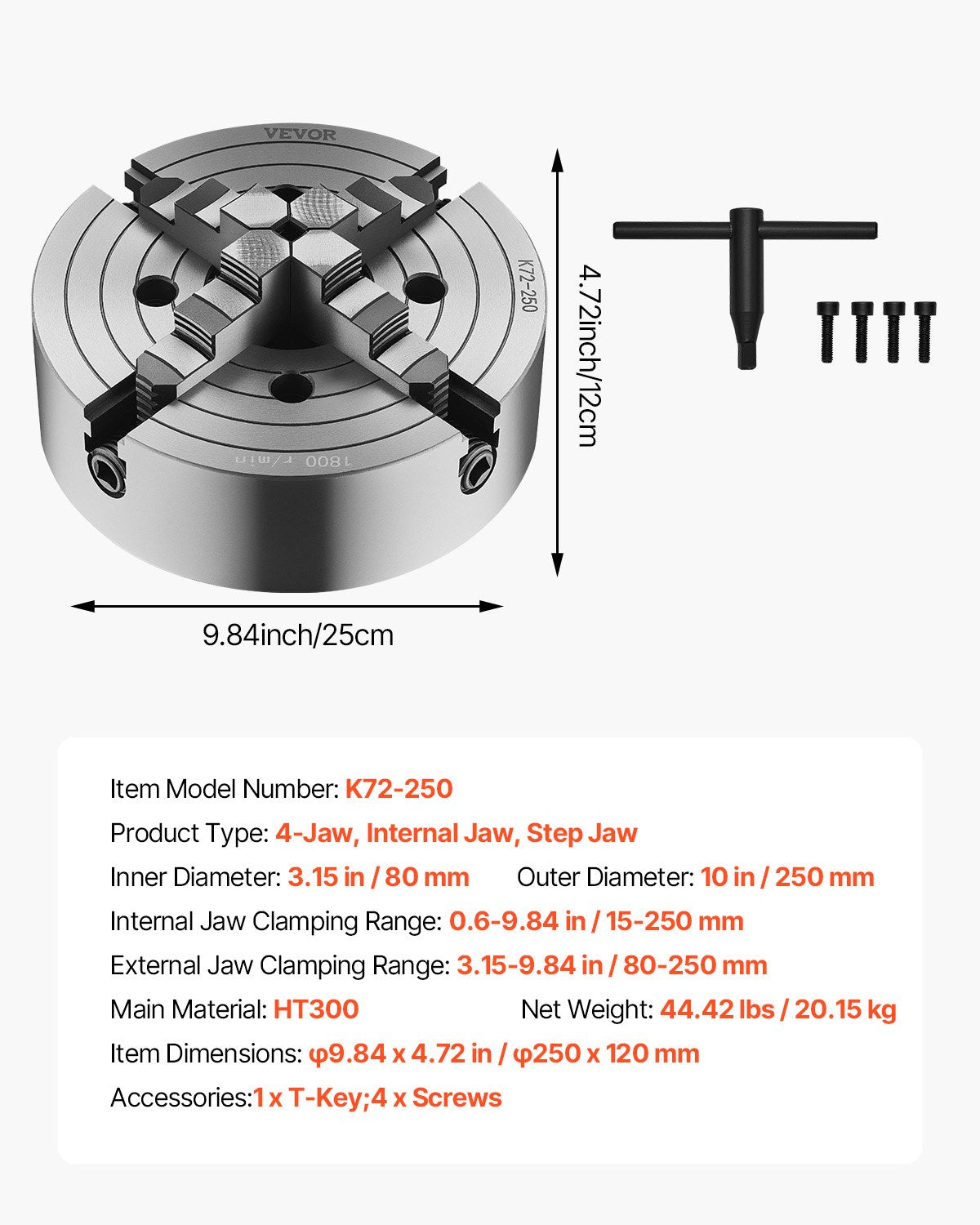 4-Jaw Lathe Chuck, 10 in (250 mm), Lathe Chuck, 0.6-9.84 in (15-250 mm) Clamping Range with T-key Fixing Screws Reversible Jaws, HT300 Cast Iron Material, Internal External for Wood Metal Lathe - Image 7