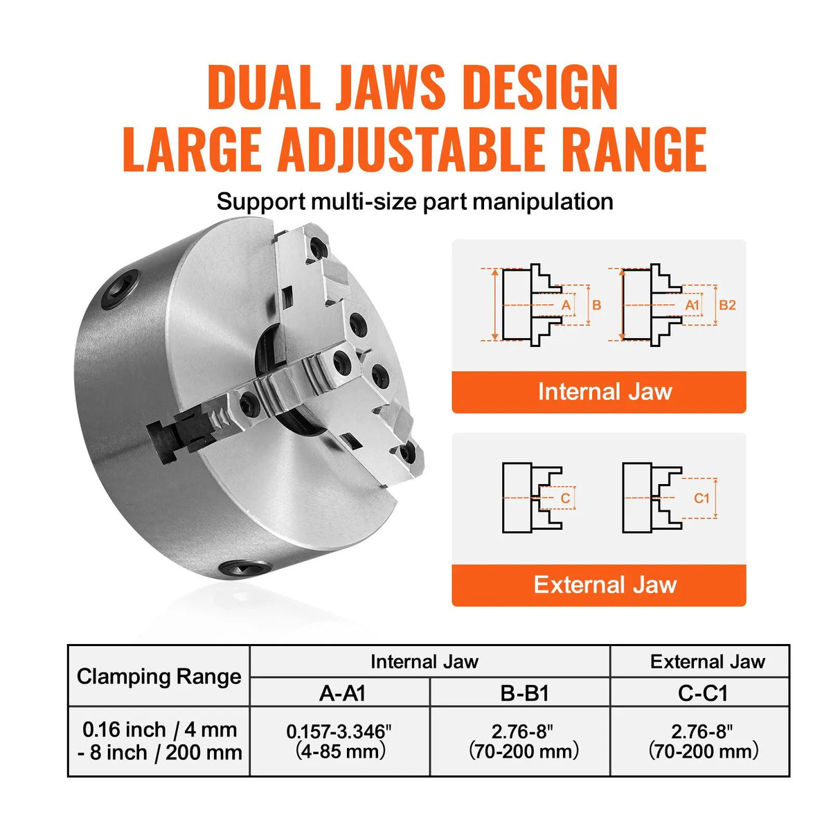 3-Jaw Lathe Chuck, 200 mm, Self-Centering Lathe Chuck, 4-200 mm Clamping Range with T-key Fixing Screws Hexagon Wrench, for Lathe 3D Printer Machining Center Milling Drilling Machine - Image 4