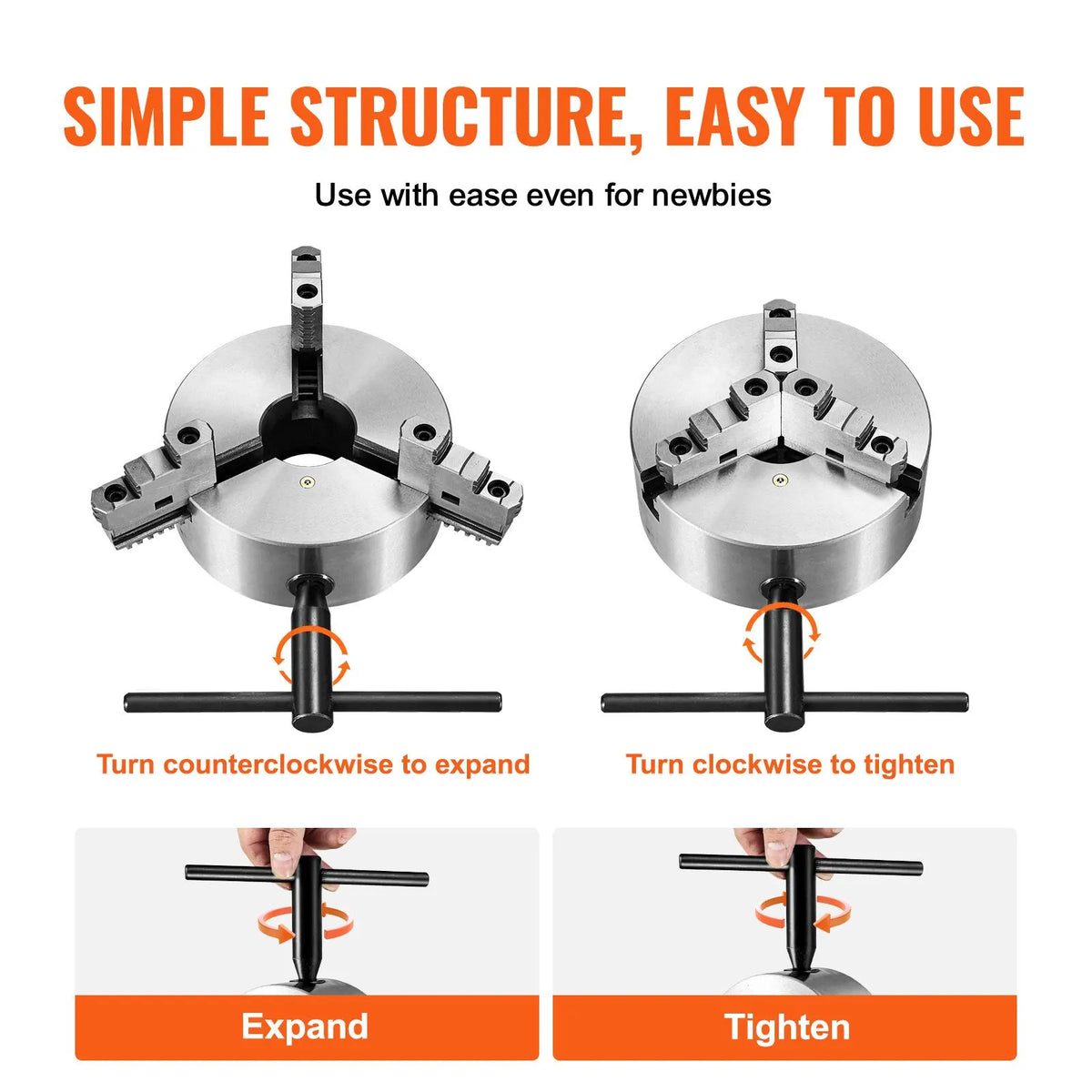 3-Jaw Lathe Chuck, 200 mm, Self-Centering Lathe Chuck, 4-200 mm Clamping Range with T-key Fixing Screws Hexagon Wrench, for Lathe 3D Printer Machining Center Milling Drilling Machine - Image 5