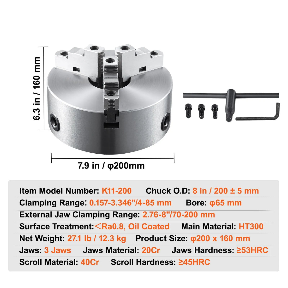 3-Jaw Lathe Chuck, 200 mm, Self-Centering Lathe Chuck, 4-200 mm Clamping Range with T-key Fixing Screws Hexagon Wrench, for Lathe 3D Printer Machining Center Milling Drilling Machine - Image 7