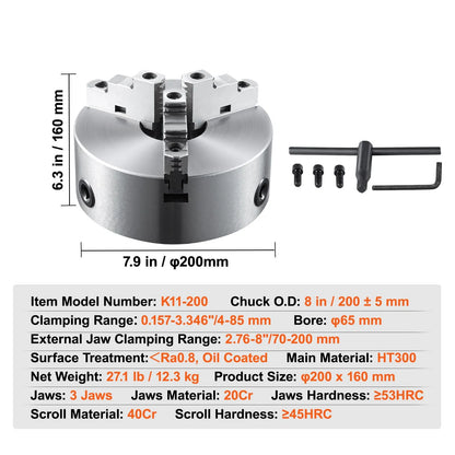 3-Jaw Lathe Chuck, 200 mm, Self-Centering Lathe Chuck, 4-200 mm Clamping Range with T-key Fixing Screws Hexagon Wrench, for Lathe 3D Printer Machining Center Milling Drilling Machine - Image 7