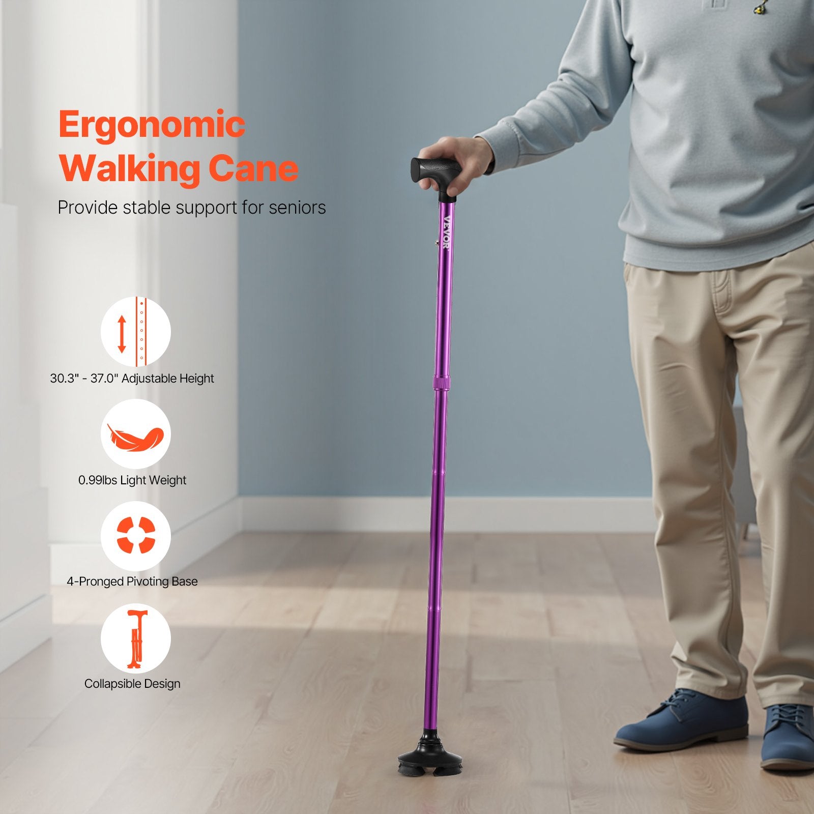 Walking Cane Folding Walking Stick 8-Level Height 4-Pronged Pivoting Base - Image 2
