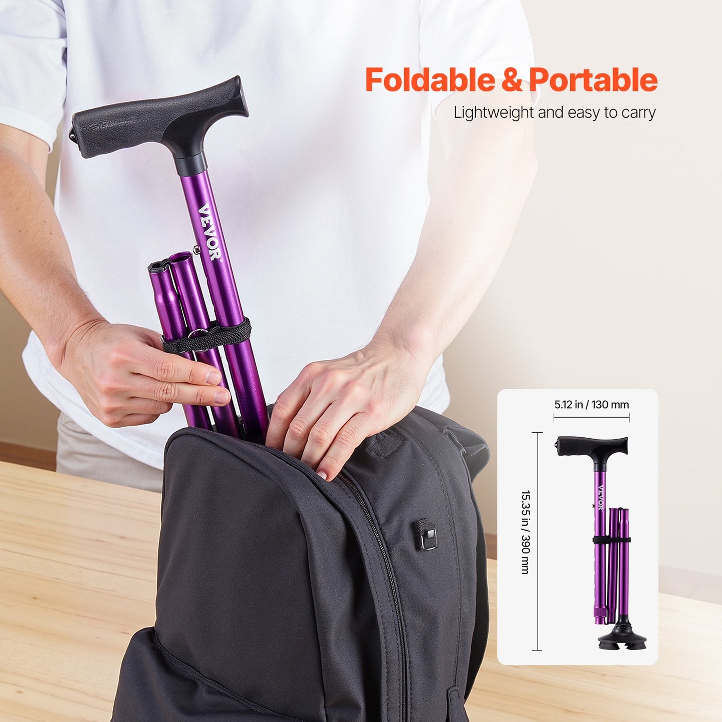 Walking Cane Folding Walking Stick 8-Level Height 4-Pronged Pivoting Base - Image 5
