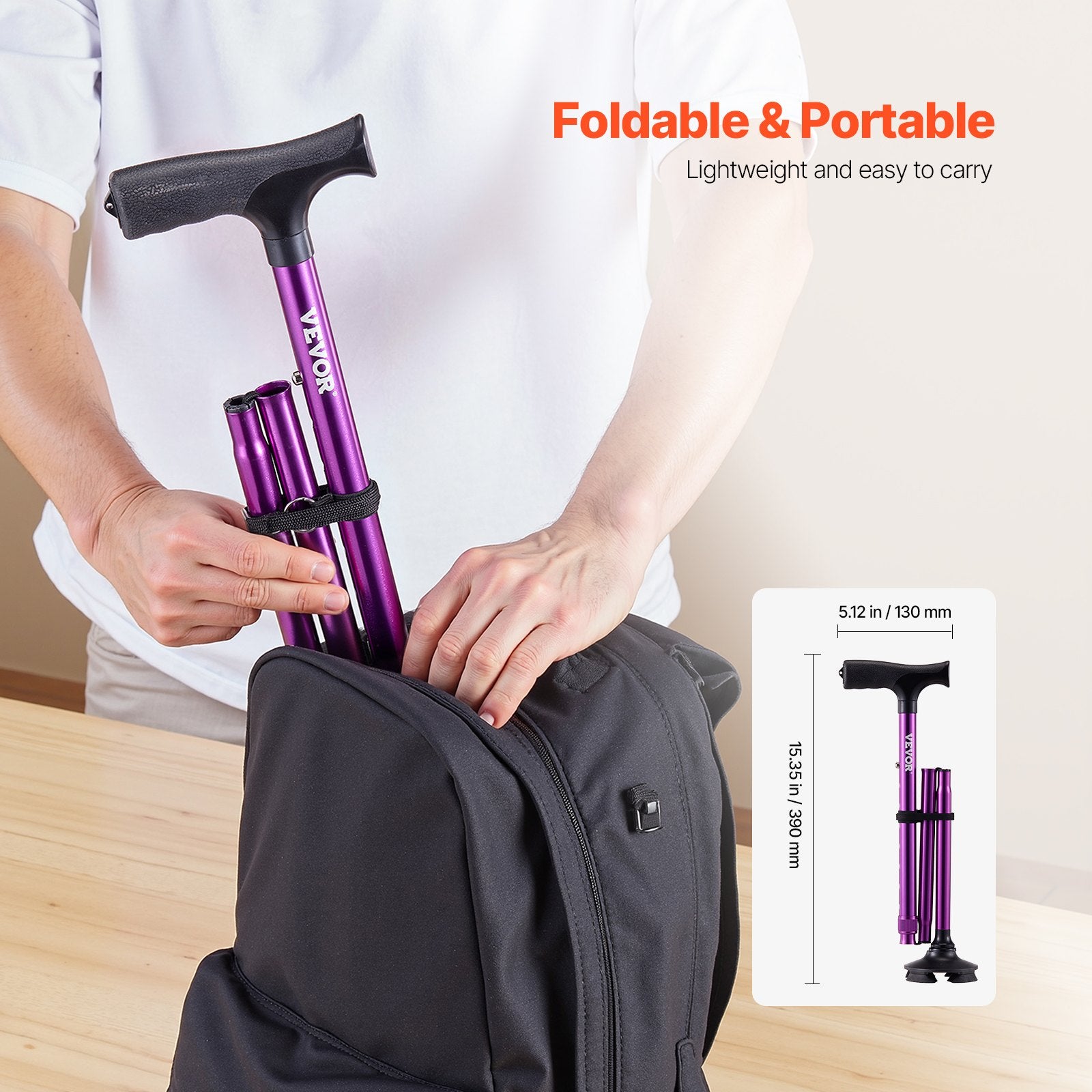 Walking Cane Folding Walking Stick 8-Level Height 4-Pronged Pivoting Base - Image 5