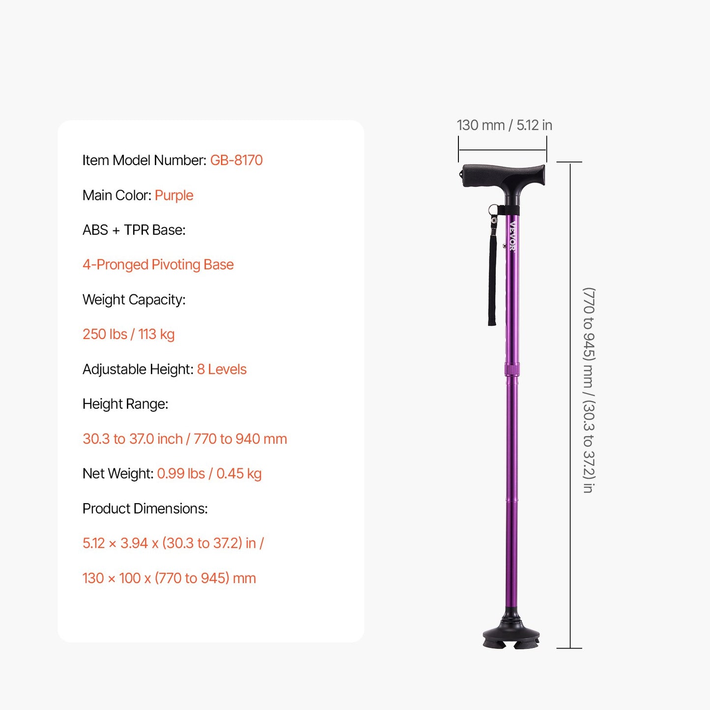 Walking Cane Folding Walking Stick 8-Level Height 4-Pronged Pivoting Base - Image 7