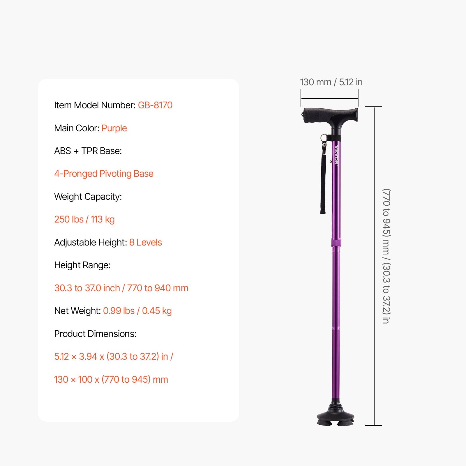 Walking Cane Folding Walking Stick 8-Level Height 4-Pronged Pivoting Base - Image 7