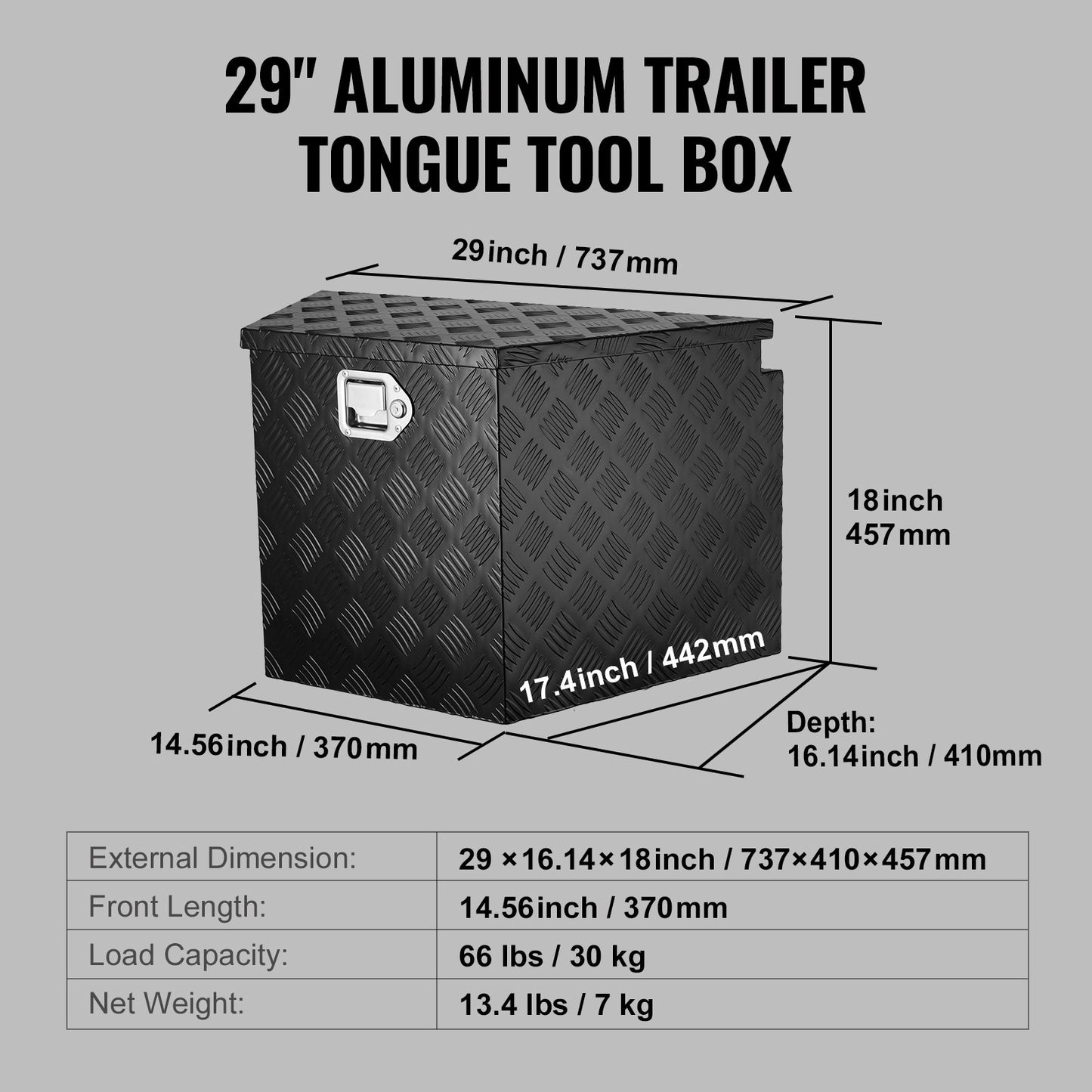 Trailer Tongue Box, Aluminum Alloy Diamond Plate Tongue Box Tool Chest, Heavy Duty Trailer Box Storage with Lock and Keys, for Pickup Truck, RV, Trailer, 737 x 410 x 460 mm/29x16.5x18inch - Image 7