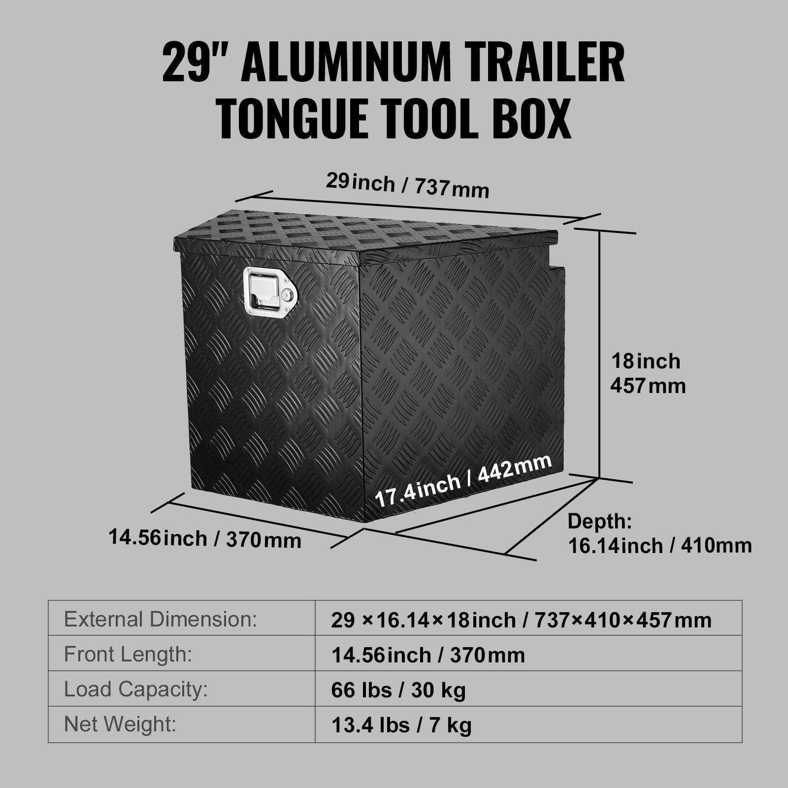 Trailer Tongue Box, Aluminum Alloy Diamond Plate Tongue Box Tool Chest, Heavy Duty Trailer Box Storage with Lock and Keys, for Pickup Truck, RV, Trailer, 737 x 410 x 460 mm/29x16.5x18inch - Image 7