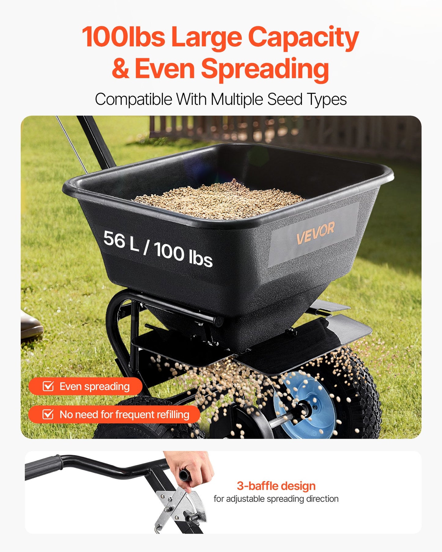 Lawn Spreader, 100LBS Capacity, Walk-Behind Push Spreader, 0-9.8ft Spreading Width, 13 in All Terrain Pneumatic Tires, Fertilizer Spreaders with Hopper Grate, for Seed Salt Ice Melt - Image 2