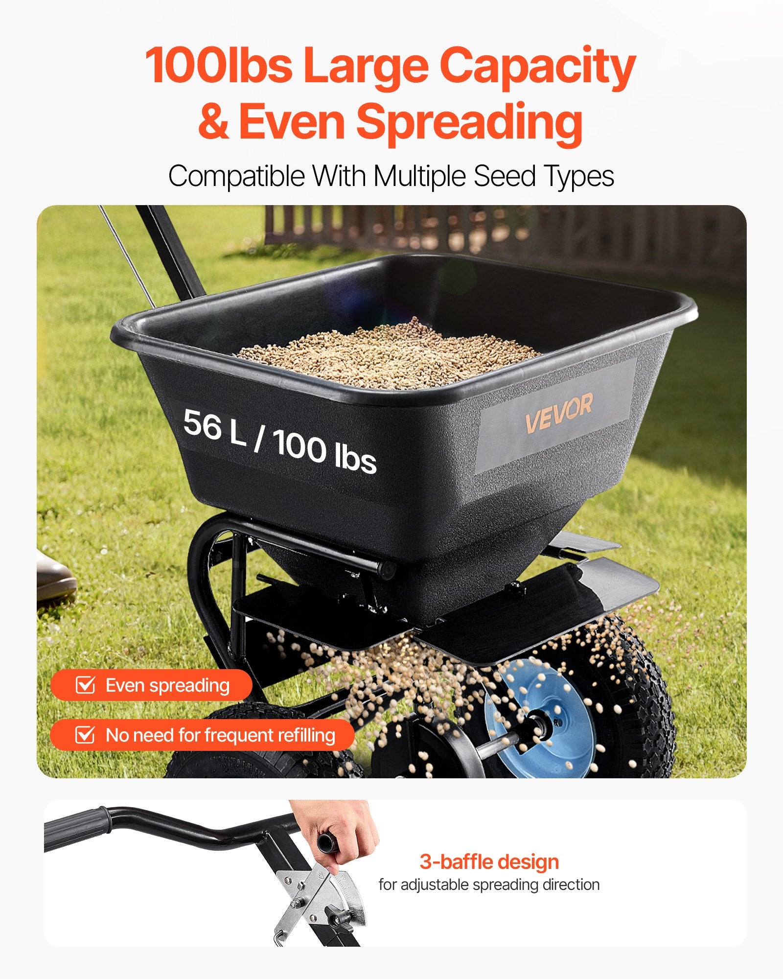 Lawn Spreader, 100LBS Capacity, Walk-Behind Push Spreader, 0-9.8ft Spreading Width, 13 in All Terrain Pneumatic Tires, Fertilizer Spreaders with Hopper Grate, for Seed Salt Ice Melt - Image 2