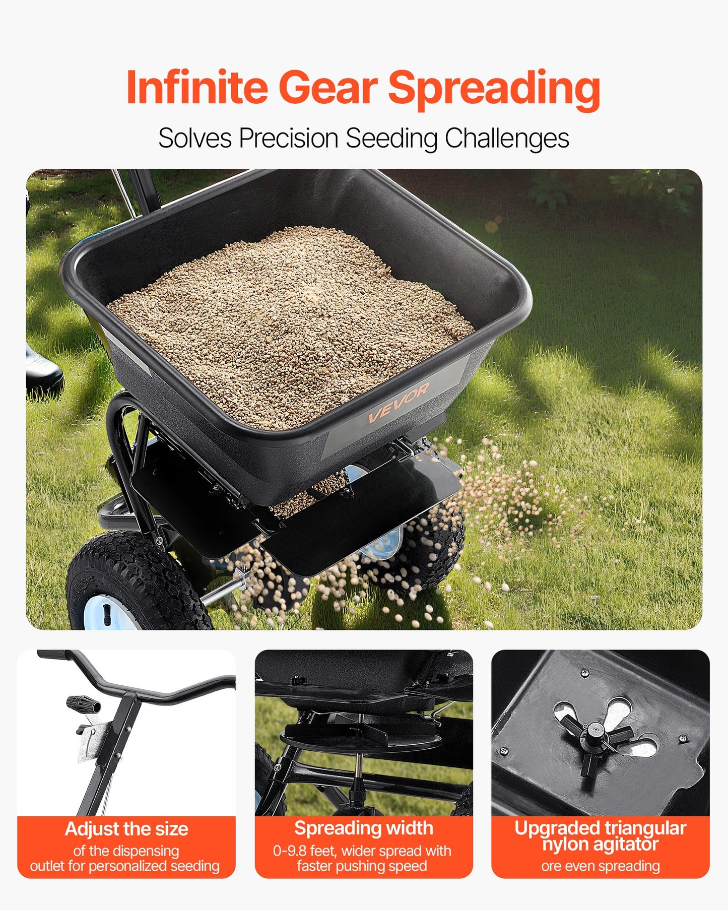 Lawn Spreader, 100LBS Capacity, Walk-Behind Push Spreader, 0-9.8ft Spreading Width, 13 in All Terrain Pneumatic Tires, Fertilizer Spreaders with Hopper Grate, for Seed Salt Ice Melt - Image 3