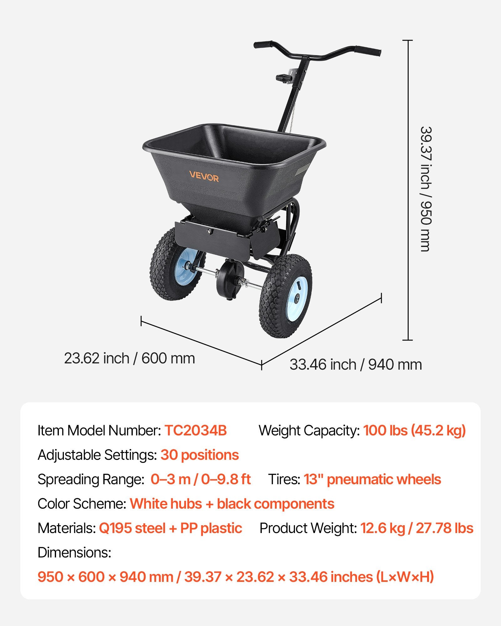 Lawn Spreader, 100LBS Capacity, Walk-Behind Push Spreader, 0-9.8ft Spreading Width, 13 in All Terrain Pneumatic Tires, Fertilizer Spreaders with Hopper Grate, for Seed Salt Ice Melt - Image 7