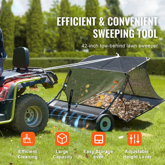 106.6 cm Lawn Sweeper Tow Behind, 12 cu.ft. Large Pull Behind Grass Sweeper, Heavy Duty Leaf & Grass Collector with Dumping Rope Design, Adjustable Sweeping Height for Picking Up Debris & Grass - Image 2