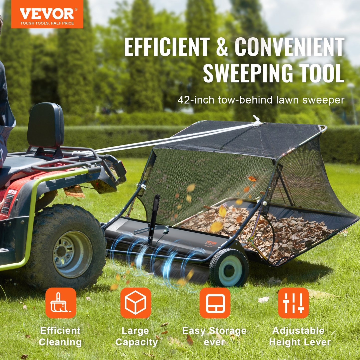 106.6 cm Lawn Sweeper Tow Behind, 12 cu.ft. Large Pull Behind Grass Sweeper, Heavy Duty Leaf & Grass Collector with Dumping Rope Design, Adjustable Sweeping Height for Picking Up Debris & Grass - Image 2