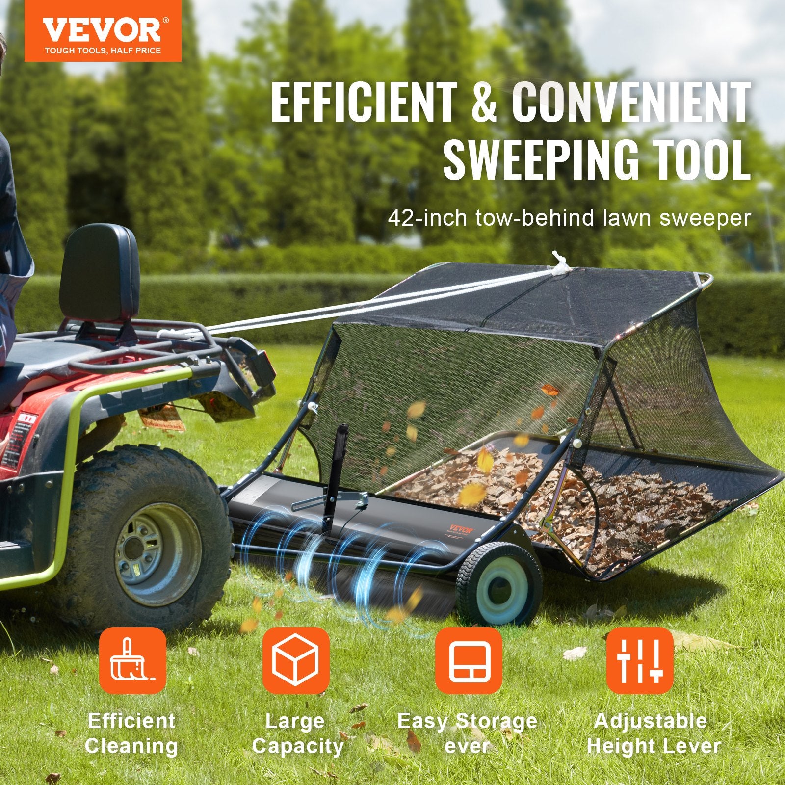 106.6 cm Lawn Sweeper Tow Behind, 12 cu.ft. Large Pull Behind Grass Sweeper, Heavy Duty Leaf & Grass Collector with Dumping Rope Design, Adjustable Sweeping Height for Picking Up Debris & Grass - Image 2
