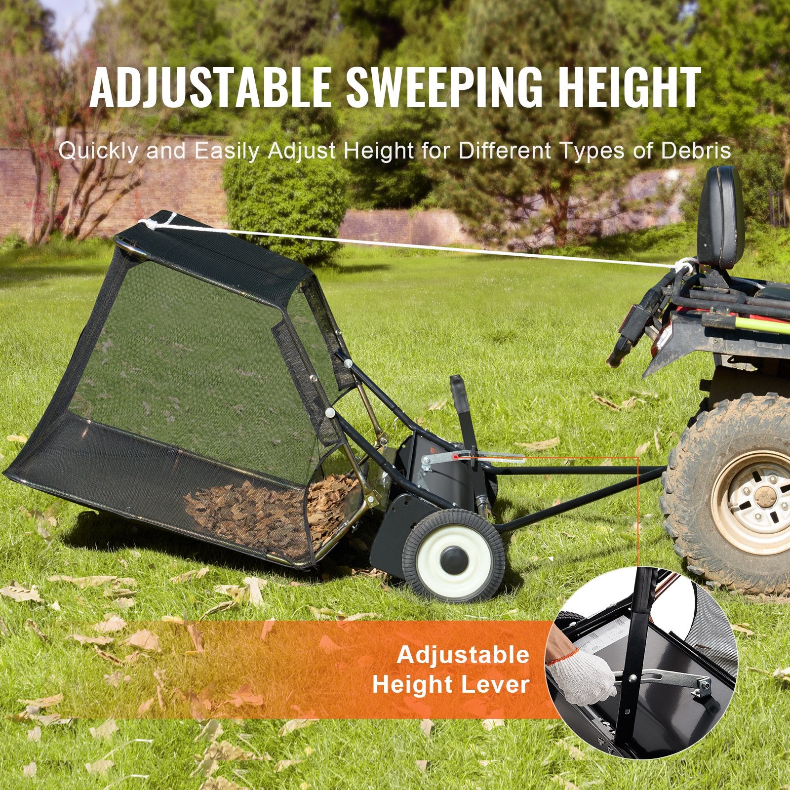 106.6 cm Lawn Sweeper Tow Behind, 12 cu.ft. Large Pull Behind Grass Sweeper, Heavy Duty Leaf & Grass Collector with Dumping Rope Design, Adjustable Sweeping Height for Picking Up Debris & Grass - Image 3