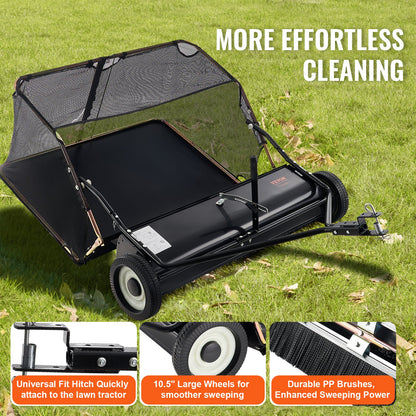 106.6 cm Lawn Sweeper Tow Behind, 12 cu.ft. Large Pull Behind Grass Sweeper, Heavy Duty Leaf & Grass Collector with Dumping Rope Design, Adjustable Sweeping Height for Picking Up Debris & Grass - Image 4